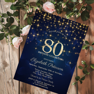 Elegant Gold Stars Navy Blue 80. Geburtstagsparty Einladung