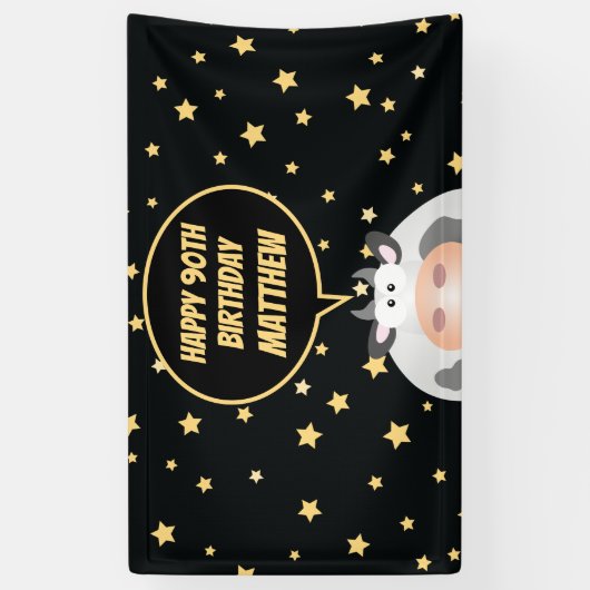 Elegant Gold Stars Niedlicher Cartoon Kuh 90. Gebu Banner (Vertikal)