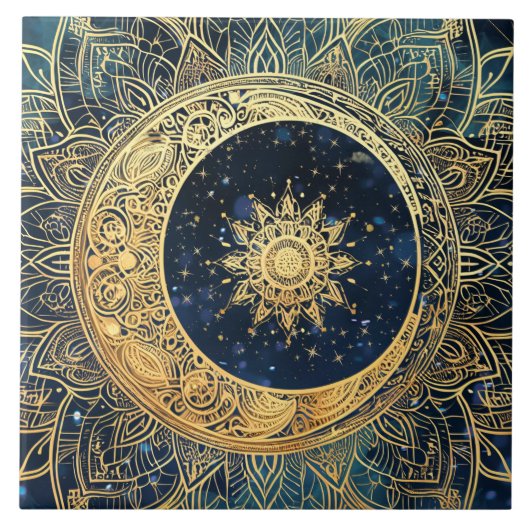 Elegant Gold Sun Mandala Celestial Ästhetische Dek Fliese (Vorderseite)