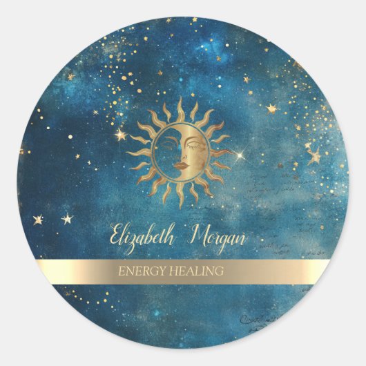 Elegant Gold Sun Stars Blue Watercolor Runder Aufkleber (Vorderseite)