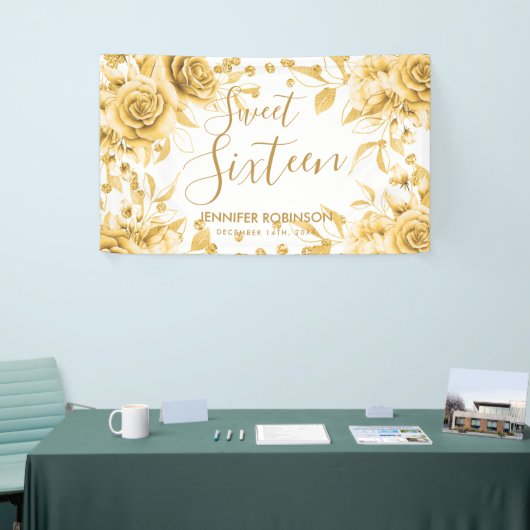 Elegant Gold Sweet 16 Glitzer Confetti Floral Banner (Messeveranstaltung)