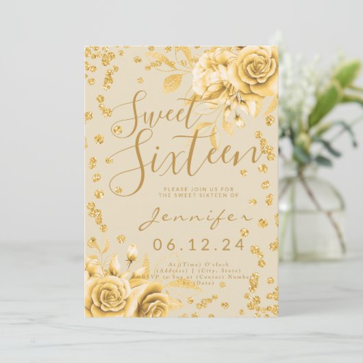 Elegant Gold Sweet 16 Glitzer Confetti Floral Einladung (Stehend Vorderseite)
