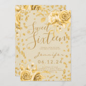 Elegant Gold Sweet 16 Glitzer Confetti Floral Einladung (Vorne/Hinten)