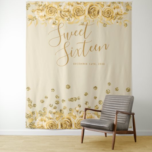 Elegant Gold Sweet 16 Glitzer Confetti Floral Wandteppich (Beispiel)