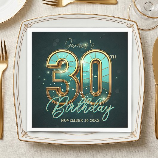 Elegant Gold Teal 3D Typography 30th Birthday Serviette