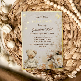 Elegant Gold Teddy Bear Baby Shower Folieneinladung