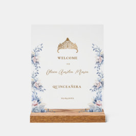 Elegant Gold Tiara Blue Floral Quinceñera Acrylschild