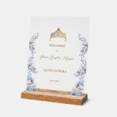 Elegant Gold Tiara Blue Floral Quinceñera Acrylschild (Winkel)