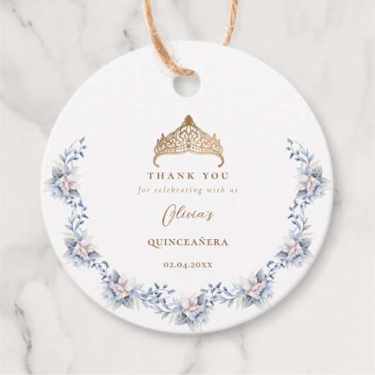 Elegant Gold Tiara Blue Floral Quinceñera Geschenkanhänger (Vorderseite)