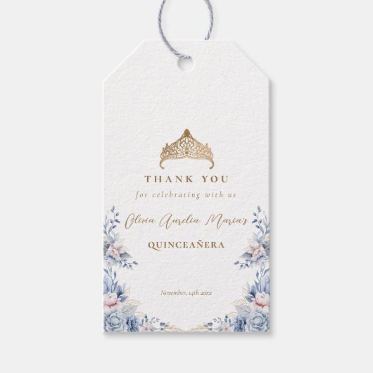 Elegant Gold Tiara Blue Floral Quinceñera Geschenkanhänger (Vorderseite)