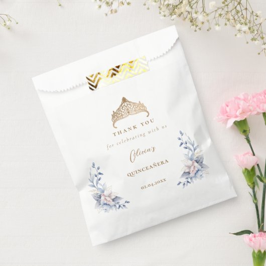 Elegant Gold Tiara Blue Floral Quinceñera Geschenktütchen (Versiegelt)