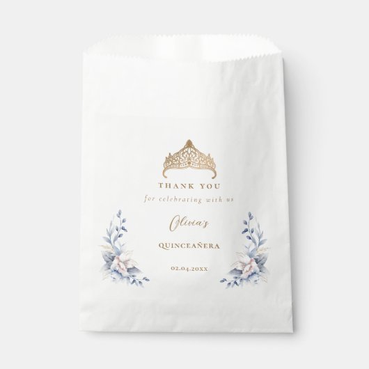 Elegant Gold Tiara Blue Floral Quinceñera Geschenktütchen (Vorderseite)