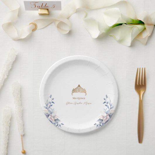 Elegant Gold Tiara Blue Floral Quinceñera Pappteller (Hochzeit)