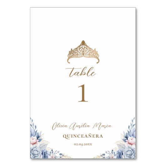 Elegant Gold Tiara Blue Floral Quinceñera Tischnummer (Vorderseite)