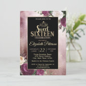 Elegant Gold Tiara, Frame Burgundy Sweet 16 Party Einladung (Stehend Vorderseite)