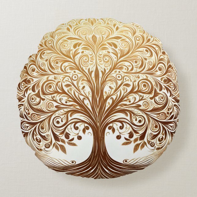 Elegant Gold Tree of Life Spiritual Zen Rundes Kissen (Vorderseite)