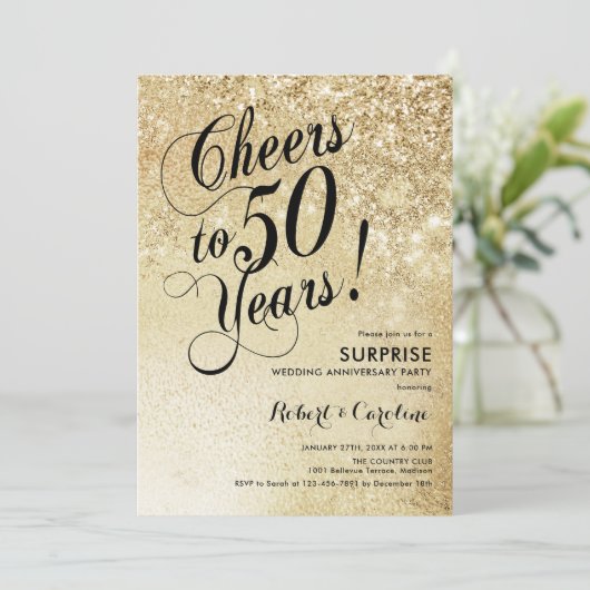 Elegant Gold Überraschung 50 Jahre alt Einladung (Stehend Vorderseite)