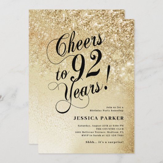 Elegant Gold Überraschung 92. Geburtstag Einladung (Vorne/Hinten)