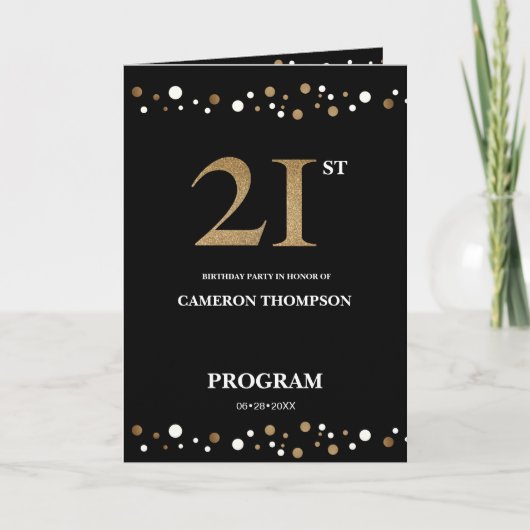Elegant Gold und Black Confetti 21. Geburtstag Programm (Vorderseite)