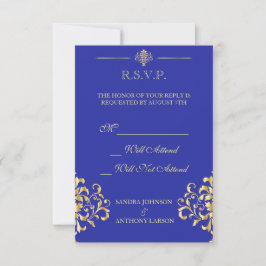 Elegant Gold und Blue Damask Wedding R.S.V.P. RSVP Karte