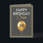 Elegant Gold und Gray Balloon Son 30. Geburtstag Karte<br><div class="desc">Elegantes Gold und Gray Balloon Son 30. Geburtstag, ein einzigartiges Design für jeden, der etwas Besonderes für seinen Sohn zu seinem Geburtstag sucht. Das Design verfügt über einen hübschen goldenen Ballon vorne mit anpassbarem Text, den Sie personalisieren können. Zögern Sie also nicht, ihn zu personalisieren, um Ihre eigene Geburtstagseinladung zu...</div>