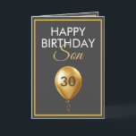 Elegant Gold und Gray Balloon Son 30. Geburtstag Karte<br><div class="desc">Elegantes Gold und Gray Balloon Son 30. Geburtstag, ein einzigartiges Design für jeden, der etwas Besonderes für seinen Sohn zu seinem Geburtstag sucht. Das Design verfügt über einen hübschen goldenen Ballon vorne mit anpassbarem Text, den Sie personalisieren können. Zögern Sie also nicht, ihn zu personalisieren, um Ihre eigene Geburtstagseinladung zu...</div>