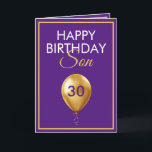Elegant Gold und Lila Balloon Son 30. Geburtstag Karte<br><div class="desc">Elegantes Gold und Lila Balloon Son 30. Geburtstag, ein einzigartiges Design für jeden, der etwas Besonderes für seinen Sohn zu seinem Geburtstag sucht. Das Design verfügt über einen hübschen goldenen Ballon vorne mit anpassbarem Text, den Sie personalisieren können. Zögern Sie also nicht, ihn zu personalisieren, um Ihre eigene Geburtstagseinladung zu...</div>