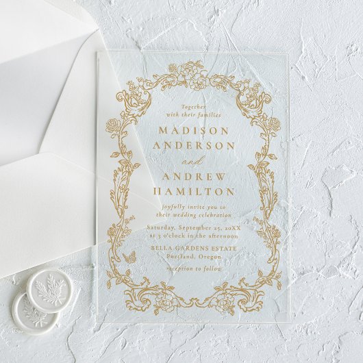 Elegant Gold Victorian Floral Frame Wedding Acryleinladungen