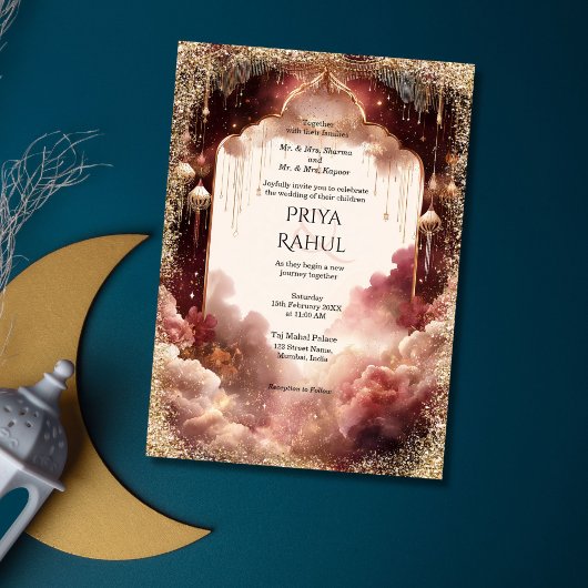 Elegant Gold Vintage Maroon Indian Wedding Einladung