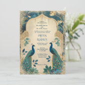 Elegant Gold Vintage Peacocks Indian Wedding Einladung (Stehend Vorderseite)