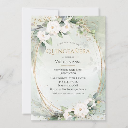 Elegant Gold Watercolor Green Quinceñera Einladung (Vorderseite)