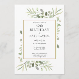 Elegant Gold Watercolor Greenery 40. Geburtstag Einladung