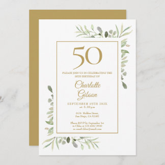 Elegant Gold Watercolor Grüne 50. Geburtstag Einladung