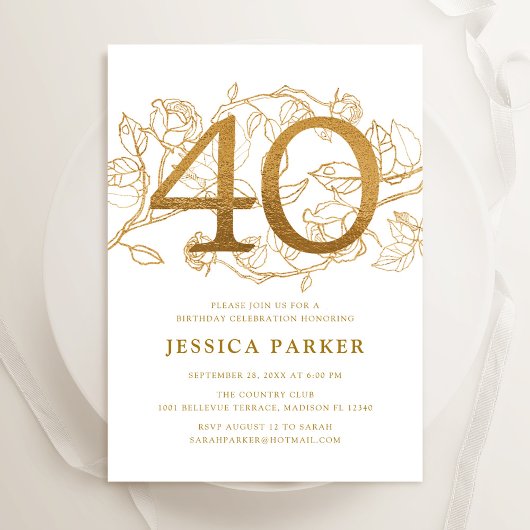 Elegant Gold White 40. Geburtstag Einladung