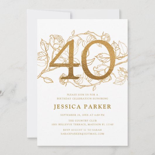 Elegant Gold White 40. Geburtstag Einladung (Vorderseite)
