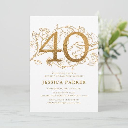 Elegant Gold White 40. Geburtstag Einladung (Stehend Vorderseite)