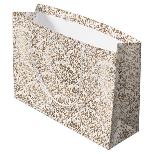 Elegant Gold White Chic Damask Große Geschenktüte (Rückseite Schrägansicht)