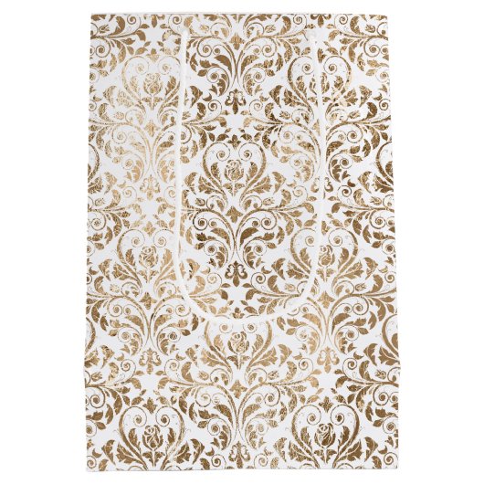 Elegant Gold White Chic Damask Mittlere Geschenktüte (Rückseite)