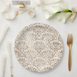 Elegant Gold White Chic Damask Pappteller