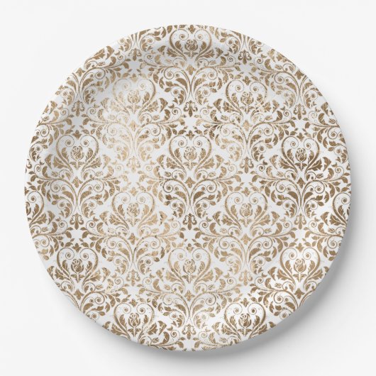 Elegant Gold White Chic Damask Pappteller (Vorderseite)