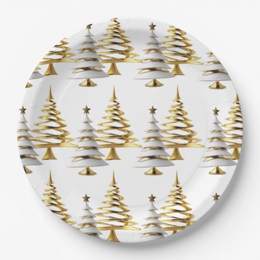 Elegant Gold & White Christmas winter snow tree Pappteller (Vorderseite)