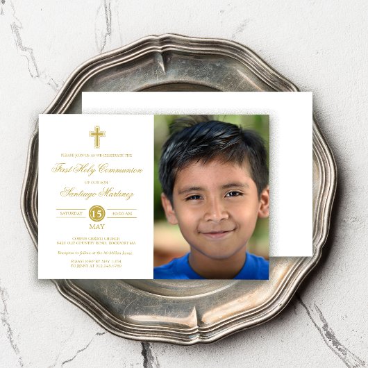 Elegant Gold White First Communion Foto Boy Einladung