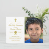 Elegant Gold White First Communion Foto Boy Einladung (Stehend Vorderseite)