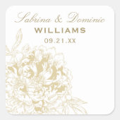 Elegant Gold White Floral Peony Wedding Monogram Quadratischer Aufkleber (Vorderseite)
