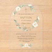 Elegant Gold White Flowers Cross Baptism Acryleinladungen (Vorderseite)