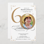 Elegant Gold White Foto Überraschung 60. Geburtsta Einladung (Vorne/Hinten)