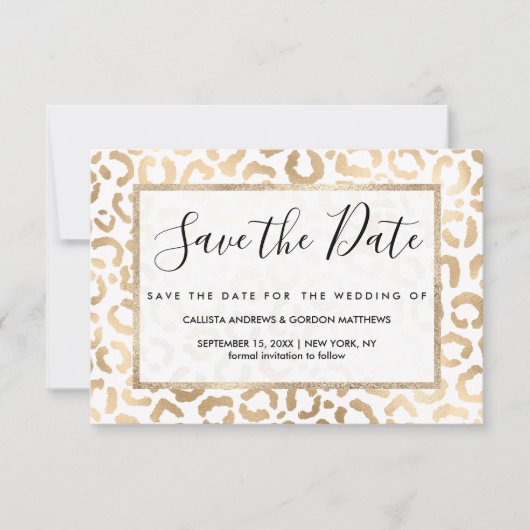Elegant Gold White Leopard Cheetah Animal Print Save The Date (Vorderseite)