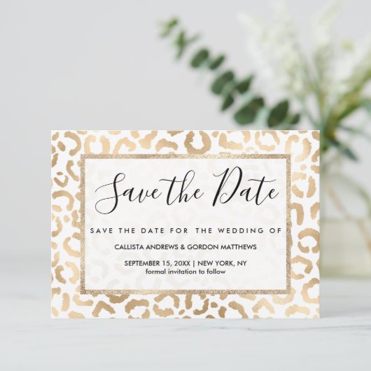 Elegant Gold White Leopard Cheetah Animal Print Save The Date (Stehend Vorderseite)