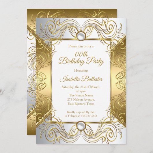 Elegant Gold White Pearl Silver Swirt Geburtstag Einladung (Vorne/Hinten)