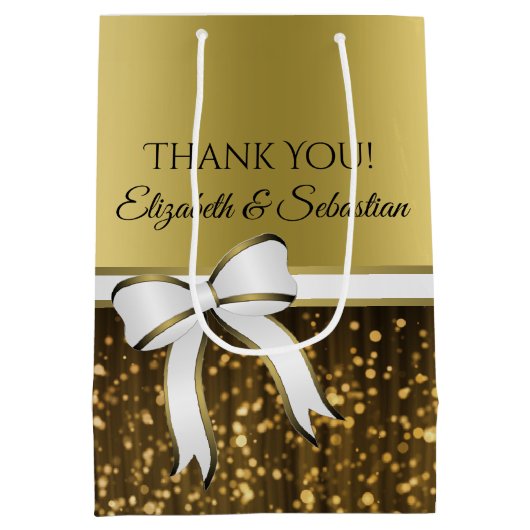 Elegant Gold White Ribbon Wedding Vielen Dank Mittlere Geschenktüte (Rückseite)